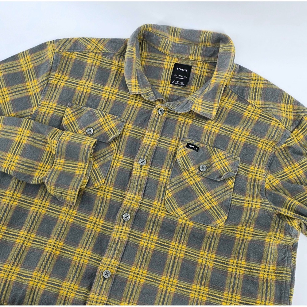 RVCA Grunge Plaid Flannel Shirt Size XXL Mens Yellow Grey Long Sleeve Cotton